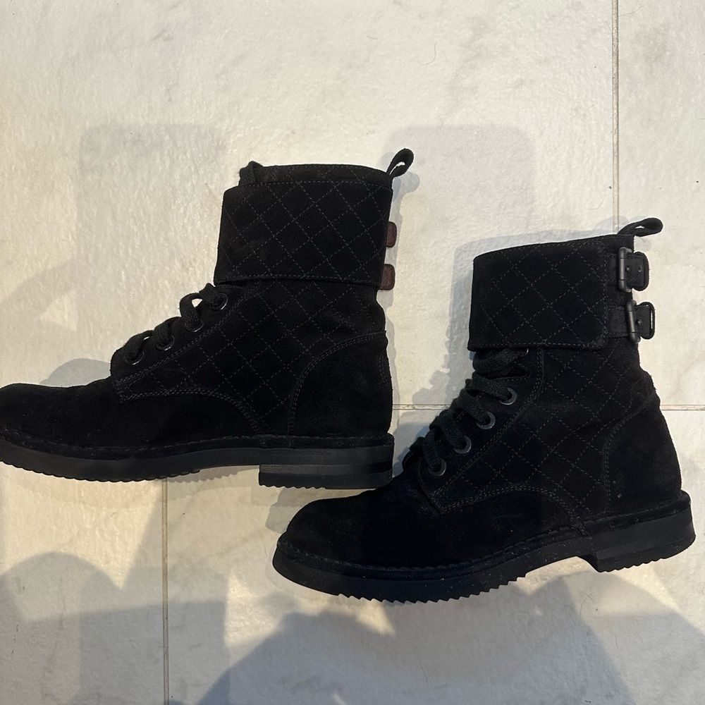 Chanel Quilted Black Suede lace up Combat Moto Short Boots - Picture 2 of 7